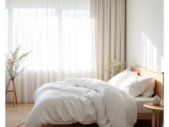 Lyst og luftig soverom med lyse tekstiler, naturlig lys og minimal innredning.