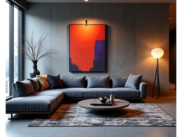 Moderne urban stue med betongvegger, kunstverk og designmøbler.
