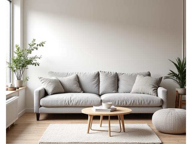 Nordisk minimalistisk stue med lyst treverk, grå sofa og store vinduer.