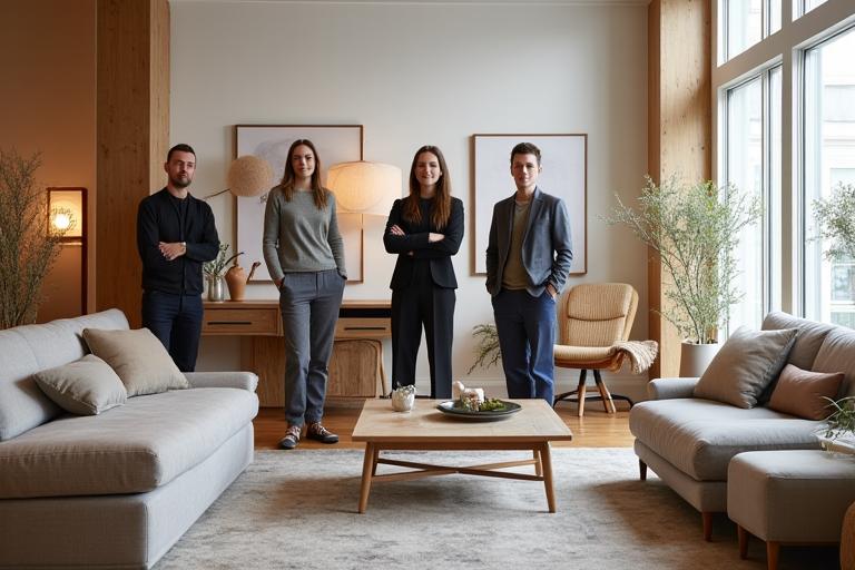 Skinn Hjem butikkinteriør med teamet i arbeid, representerer håndverk og design.